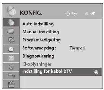 KONFIG. Auto.indstilling Manuel indstilling Programredigering Softwareopdag : Tæmdd Diagnosticering CI-oplysninger Indstilling for kabel-DTV