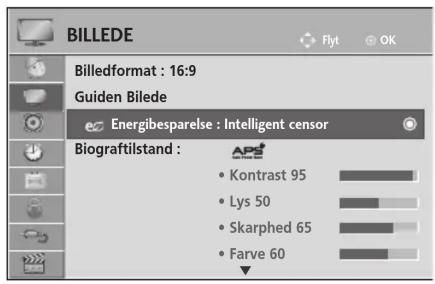 BILLEDE Billedformat : 16:9 Guiden Bilede Energibesparelse : Intelligent censor Biograftilstand : Kontrast 95 Lys 50 Skarphed 65 Farve 60