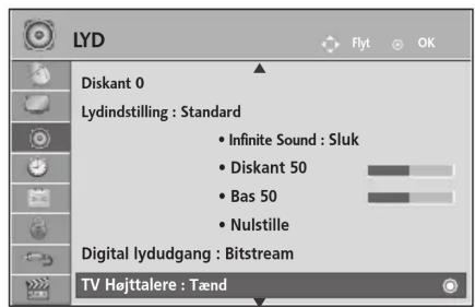 LYD Diskant 0 Lydindstilling : Standard • Infinite Sound : Sluk • Diskant 50 • Bas 50 • Nulstille Digital lydudgang : Bitstream TV Højttalere : Tænd