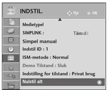 INDSTIL. Medietypel SIMPLINK : Tænsidd Simpel manual Indstil ID : 1 ISM-metode : Normal Demo Tilstand : Sluk Indstilling for tilstand : Privat brug Nulstil alt