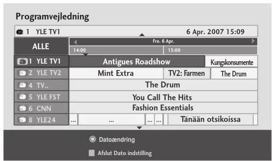 Programvejledning 1 YLE TV1 6 Apr. 2007 15:09 ALLE Fre. 6 Apr. 14:00 15:00 1 YLE TV1 Antigues Roadshow Kungskonsumente 2 YLE TV2 Mint Extra TV2: Farmen The Drum 4 TV.. The Drum 5 YLE FST You Call The Hits 6 CNN Fashion Essentials 8 YLE24 ... ... ... ... Tänään otsikoissa Datoændring Aflut Dato indstilling