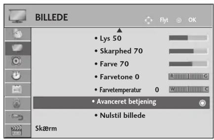BILLEDE • Lys 50 • Skarphed 70 • Farve 70 • Farvetone 0 • Farvetemperatur 0 • Avanceret betjening • Nulstil billede Skærm
