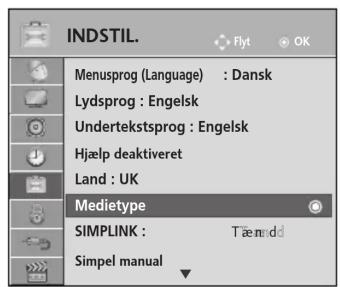 INDSTIL. Flyt OK Menusprog (Language) : Dansk Lydsprog : Engelsk Undertekstsprog : Engelsk Hjælp deaktiveret Land : UK Medietype SIMPLINK : Tæmndd Simpel manual