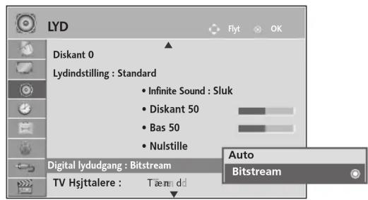 LYD Diskant 0 Lydindstilling : Standard • Infinite Sound : Sluk • Diskant 50 • Bas 50 • Nulstille Digital lydudgang : Bitstream TV Hsjttalere : Tænn dd Auto Bitstream