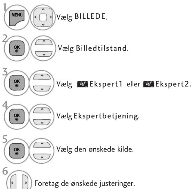 1 MENU Vælg BILLEDE. 2 OK Vælg Billedtilstand. 3 OK Vælg isf Ekspert1 eller isf Ekspert2. 4 OK Vælg Ekspertbetjening. 5 OK Vælg den ønskede kilde. 6 Foretag de ønskede justeringer.