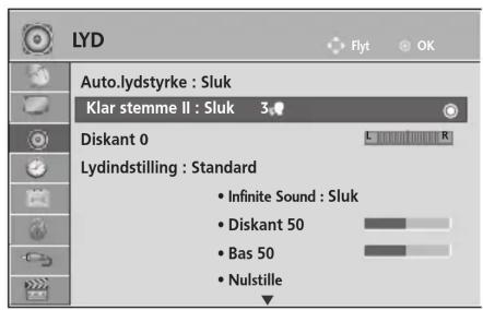LYD Auto.lydstyrke : Sluk Klar stemme II : Sluk 3# Diskant 0 L R Lydindstilling : Standard • Infinite Sound : Sluk • Diskant 50 • Bas 50 • Nulstille