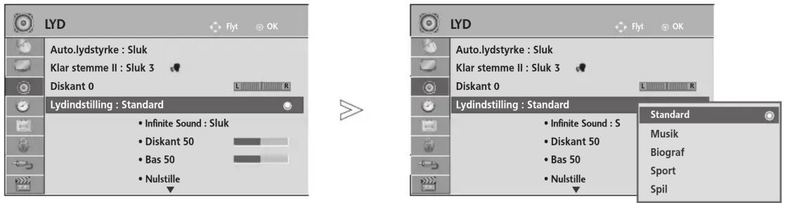 LYD Auto.lydstyrke : Sluk Klar stemme II : Sluk 3 Diskant 0 Lydindstilling : Standard • Infinite Sound : Sluk • Diskant 50 • Bas 50 • Nulstille LYD Auto.lydstyrke : Sluk Klar stemme II : Sluk 3 Diskant 0 Lydindstilling : Standard • Infinite Sound : S • Diskant 50 • Bas 50 • Nulstille Standard Musik Biograf Sport Spil