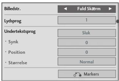 Billedstr. < Fuld Skærm ▶ Lydsprog 1 Undertekstsprog Sluk • Synk 0 • Position 0 • Størrelse Normal Markers
