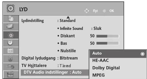 LYD Flyt OK Lydindstilling : Standard • Infinite Sound : Sluk • Diskant 50 • Bas 50 • Nulstille Digital lydudgang : Bitstream TV Hsjttalere : Tænd DTV Audio indstillinger : Auto Auto HE-AAC Dolby Digital MPEG