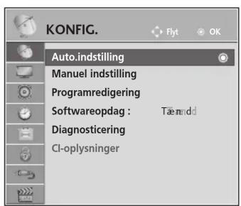 KONFIG. Auto.indstilling Manuel indstilling Programredigering Softwareopdag : Tæmdd Diagnosticering CI-oplysninger