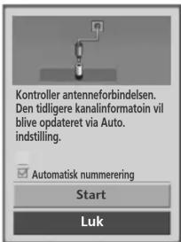 Kontroller antenneforbindelsen. Den tidligere kanalinformatoin vil blive opdateret via Auto. indstilling. ✓ Automatisk nummerering Start Luk
