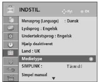 INDSTIL. Flyt OK Menusprog (Language) : Dansk Lydsprog : Engelsk Undertekstsprog : Engelsk Hjælp deaktiveret Land : UK Medietype SIMPLINK : Tæsmdd Simpel manual