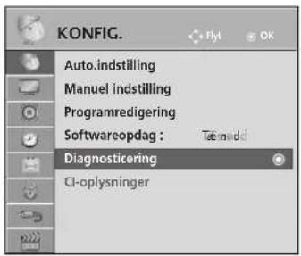 KONFIG. Auto.indstilling Manuel indstilling Programredigering Softwareopdag : Tæ midd Diagnosticering CI-oplysninger