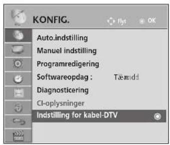 KONFIG. Auto.indstilling Manuel indstilling Programredigering Softwareopdag : Tæmadd Diagnosticering CI-oplysninger Indstilling for kabel-DTV