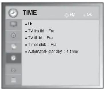 TIME • Ur • TV fra tid : Fra • TV til tid : Fra • Timer sluk : Fra • Automatisk standby : 4 timer