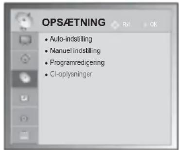 OPS/ETNING • Auto-indstilling • Manuel indstilling • Programredigering • CI-oplysninger