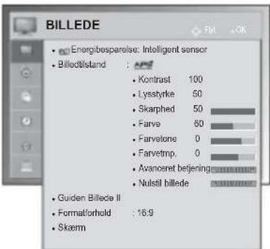 BILLEDE • Energibesparelse: Intelligent sensor • Billedtstand : 100 • Kontrast 100 • Lysstyrke 50 • Skarphed 50 • Farve 60 • Farvetone 0 • Farvetmp. 0 • Avanceret betjening • Nulstil billede • Guiden Billede II • Formatforhold : 16:9 • Skærm