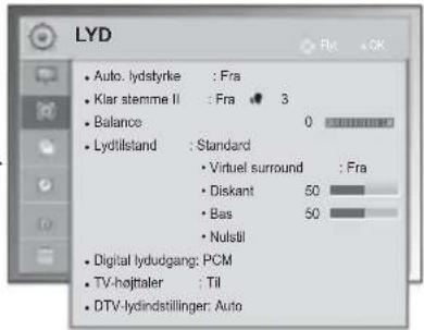 LYD • Auto: lydstyrke : Fra • Klar stemme II : Fra 3 • Balance 0 • Lydtilstand : Standard • Virtual surround : Fra • Diskant 50 • Bas 50 • Nulstil • Digital lydudgang: PCM • TV-hojtaler : Til • DTV-lydindstillinger: Auto