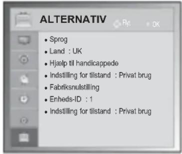 ALTERNATIV • Sprog • Land : UK • Hjælp til handicappede • Indstilling for tilstand : Privat brug • Fabriksnulstilling • Enheds-ID : 1 • Indstilling for tilstand : Privat brug