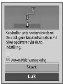 Kontroller antenneforbindelsen. Den tidligere kanalinformatoin vil blive opdateret via Auto. indstilling. Automatisk nummerering Start Luk