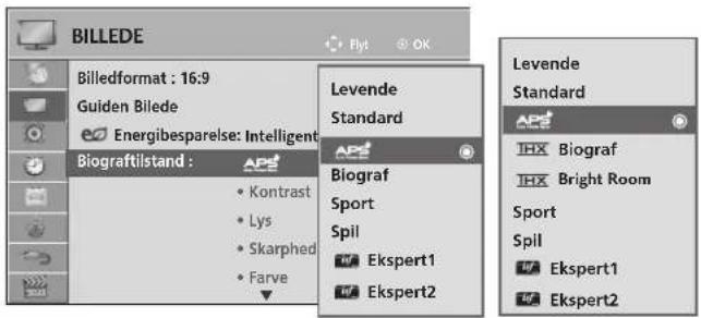 BILLEDE Billedformat : 16:9 Guiden Bilede Energibesparelse: Intelligent Biograftilstand : • Kontrast • Lys • Skarphed • Farve Levende Standard • Biograf Sport Spil • Ekspert1 • Ekspert2 Levende Standard • IHX Biograf • IHX Bright Room Sport Spil • Ekspert1 • Ekspert2