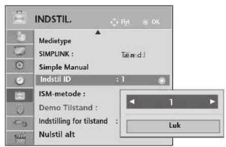 INDSTIL. Medietype SIMPLINK : Simple Manual Indstil ID : 1 ISM-metode : Demo Tilstand : Indstilling for tilstand : Nulstil alt Luk