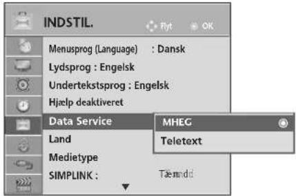 INDSTIL. Menusprog (Language) : Dansk Lydsprog : Engelsk Undertekstsprog : Engelsk Hjelp deaktiveret Data Service MHEG Land Teletext Medietype SIMPLINK : Tæmndd