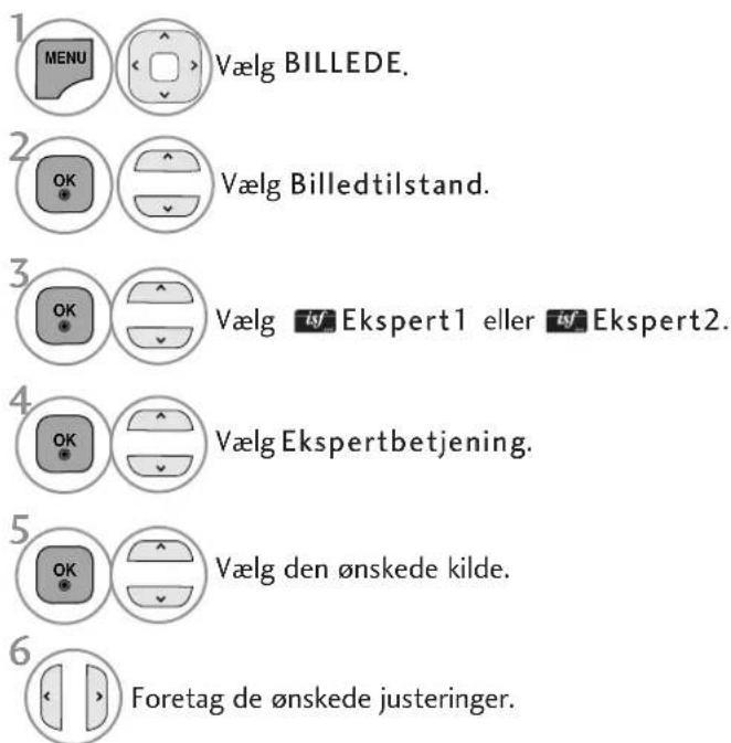 1 MENU Vælg BILLEDE. 2 OK Vælg Billedtilstand. 3 OK Vælg tʃ Ekspert1 eller tʃ Ekspert2. 4 OK Vælg Ekspertbetjening. 5 OK Vælg den ønskede kilde. 6 Foretag de ønskede justeringer.