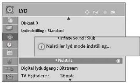 LYD Diskant 0 Lydindstilling : Standard • Infinite Sound : Sluk • Nulstiller lyd mode indstilling... • Nulstille Digital lydudgang : Bitstream TV Hsjttalere : Tæmidd