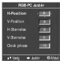 RGB-PC Juster H-Position 0 V-Position 0 H-Storrelse 0 V-Storrelse 0 Clock phase -15 ▲ Valg ◆ Juster ◊ Afsut