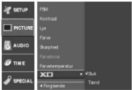 SETUP PICTURE AUDIO TIME SPECIAL PSM Køntrast Lyt Farve Skørhed Farvetone Farveteimperatur XD Forg sende Võtuk Tøndt