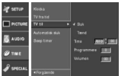 SETUP PICTURE AUDIO TIME SPECIAL Ksdka TV I-II TV I-II Automatic dual Sleep timer Forgende Sub Trend Time 00:01 20 Programmers 5 Volumes 00