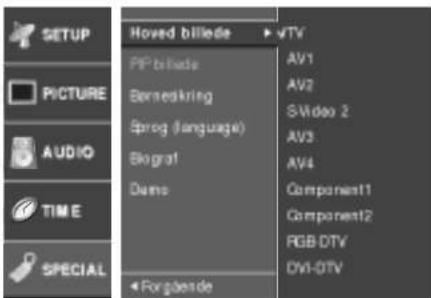 SETUP PICTURE AUDIO TIME SPECIAL Hoved biliede ▶ √TV PP biliede Bennedkring Sprug (language) Biograf Dams ◀Forgende AV1 AV2 S-Video 2 AV3 AV4 Component1 Component2 RGB-DTV DWI-DTV