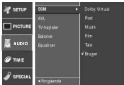 SETUP PICTURE AUDIO TIME SPECIAL SSM AVL TV-heptaler Balance Equalizer Forgande Delby Virtual Rad Musk Rim Tale ✓ Bruger