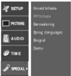 SETUP PICTURE AUDIO TIME SPECIAL > Hoved billedde FTP billedde Barnadikring Sprag (Language) Biograf Demo
