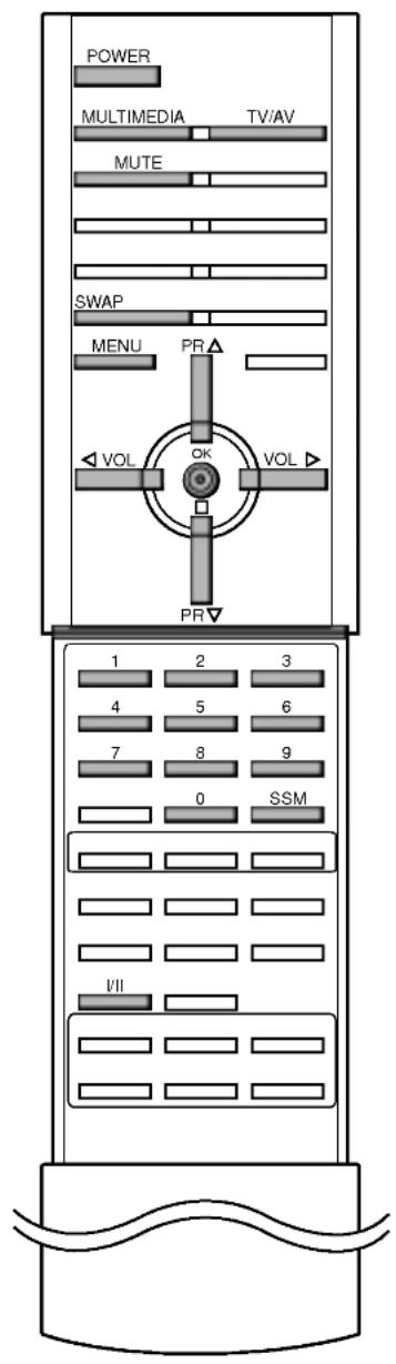 POWER MULTIMEDIA TV/AV MUTE SWAP MENU PR VOL OK VOL PR 1 2 3 4 5 6 7 8 9 0 SSM VII