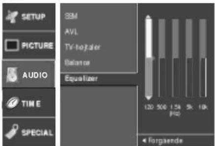SETUP PICTURE AUDIO TIME SPECIAL SEM AVL TV-hotaler Balance Equalizer 120 500 1.5k (Hz) 5k 10k Forgaende