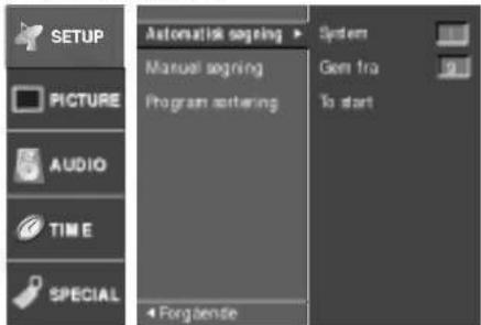 SETUP PICTURE AUDIO TIME SPECIAL Automatic tagging Manual tagging Program setting System Gem fra To start Forgente