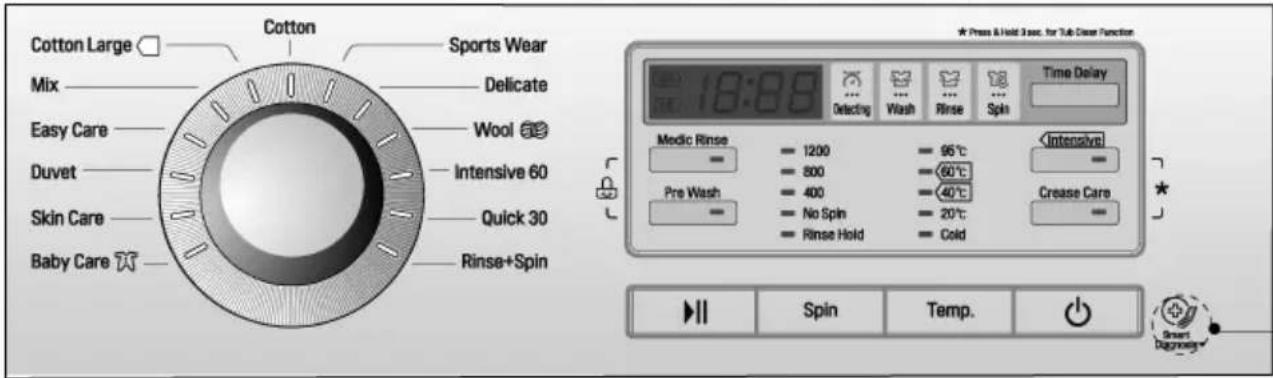 Cotton Mix Easy Care Duvet Skin Care Baby Care Cotton Large Sports Wear Delicate Wool 52 Intensive 60 Quick 30 Rinse+Spin ★ Press & Hold 3 sec. for Tub Cleaner Function 18:08 Detecting Wash Rinse Spin Time Delay Medic Rinse = 1200 = 95°C Pre Wash = 800 = 60°C = No Spin = 40°C = 20°C = Crease Care = Intensive = Rinse Hold = Cold Spin Temp. Smart Diagnosis
