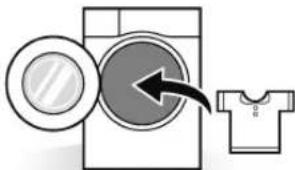 Diagram showing washing machine with a magnifying glass and arrow pointing to a T-shirt, illustrating the process.