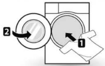 Diagram showing a washing machine with two circular components labeled 1 and 2, indicating a step in the process.