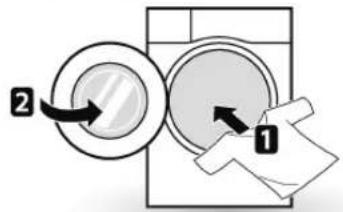 Diagram showing a washing machine with two circular components labeled 1 and 2, indicating a step in the process.