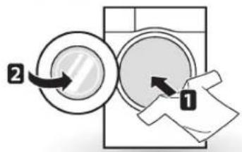 Diagram showing a washing machine with two circular components labeled 1 and 2, indicating a step in the process.