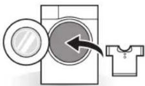 Diagram showing washing machine with circular filter and arrow indicating reverse direction, alongside a T-shirt silhouette.
