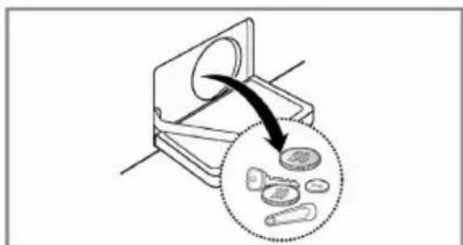 Diagram illustrating a mechanical device with a magnified view of internal components, showing a curved arrow and circular detail.