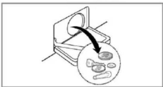 Diagram illustrating a mechanical device with a magnified inset showing internal components and a curved arrow indicating motion or force.