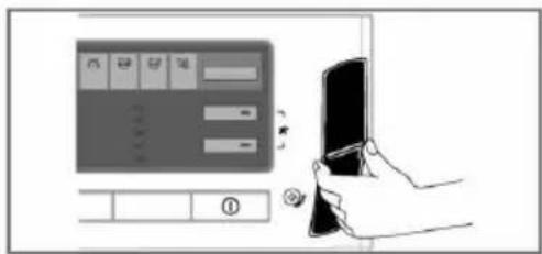 Diagram showing a hand holding a smartphone with control panel and interface elements, likely illustrating a mobile phone or app interface.