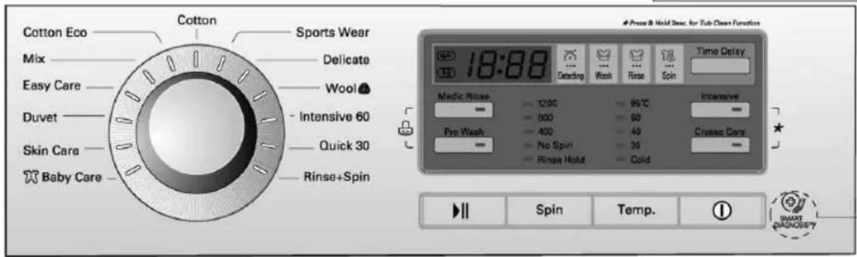 Cotton Eco Mix Easy Care Duvet Skin Care Baby Care Cotton Sports Wear Delicate Wool Intensive 60 Quick 30 Rinse+Spin #Press & Hold Desc. for Tub Clean Function 18:88 Detracting Wash Rinse Spin Time Delay Medic Rinse 1200 95°C Intensive Pro Wash 800 60 No Spin 40 40 Create Care Rinse Hold Cold ▶ Spin Temp. ① SMART QUADOSETY