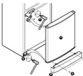 Technical diagram of a mechanical assembly with numbered components and motion indicators