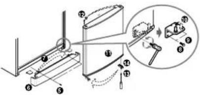 Technical diagram showing mechanical assembly with numbered components and a magnified inset of a device component
